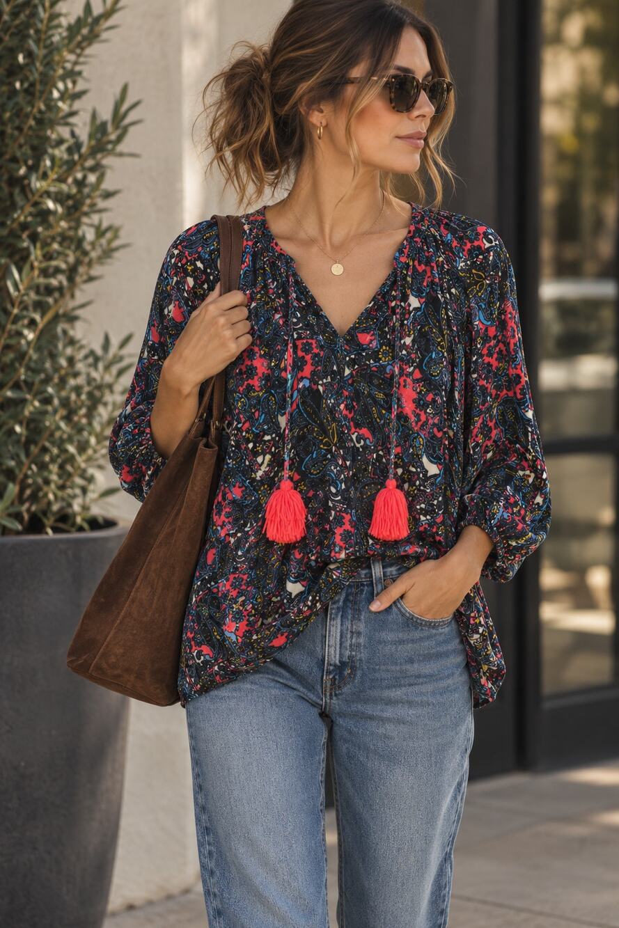 Manoush Silk Blend Floral Paisley Tassel Boho Blouse FR 38 US 6
